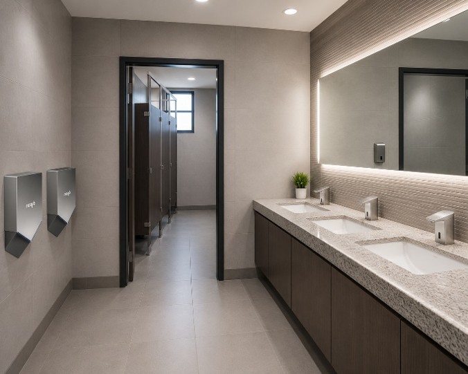 After photo of a modern commercial restroom with updated fixtures and wall mounted hand dryers