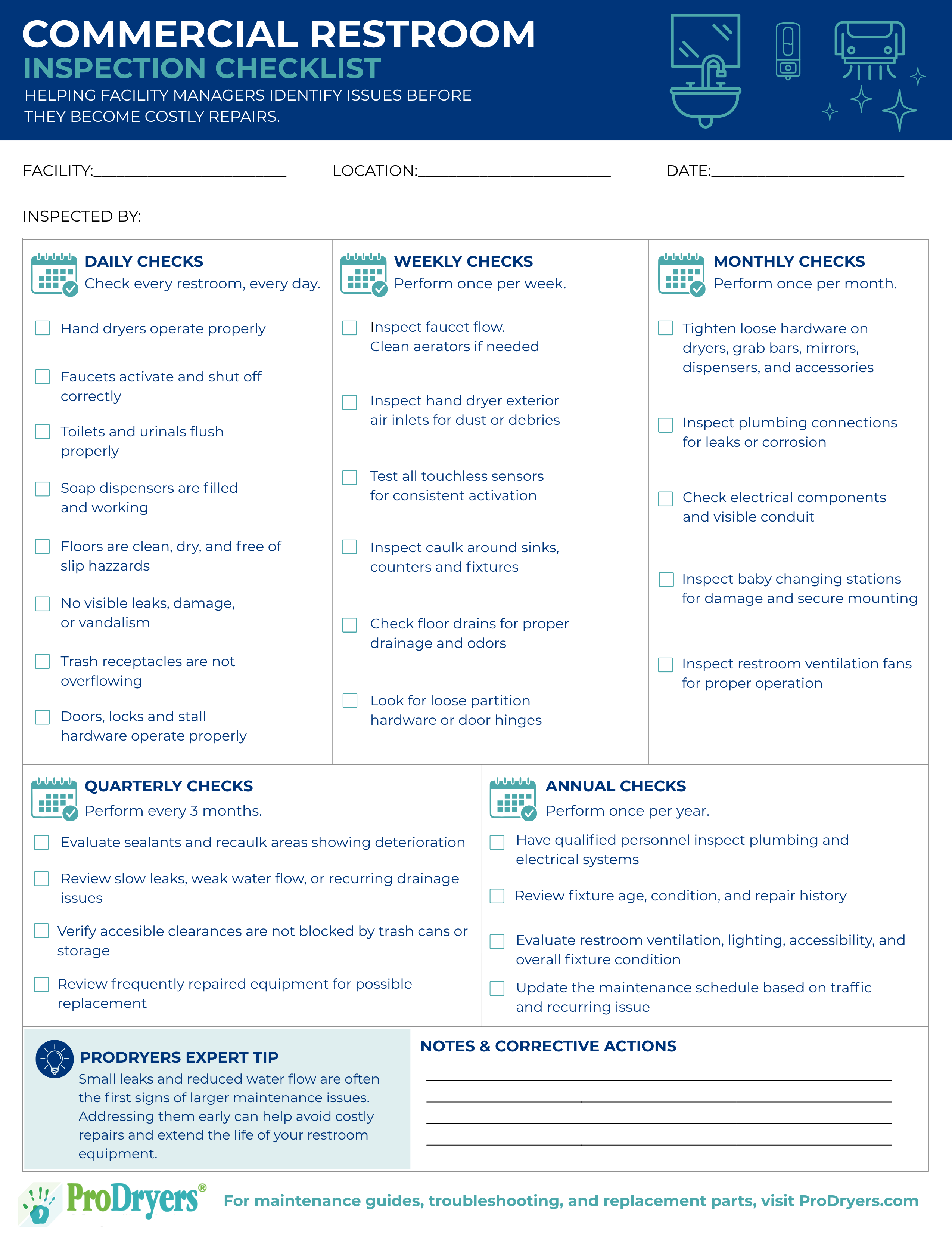 Commercial restroom preventive maintenance inspection checklist