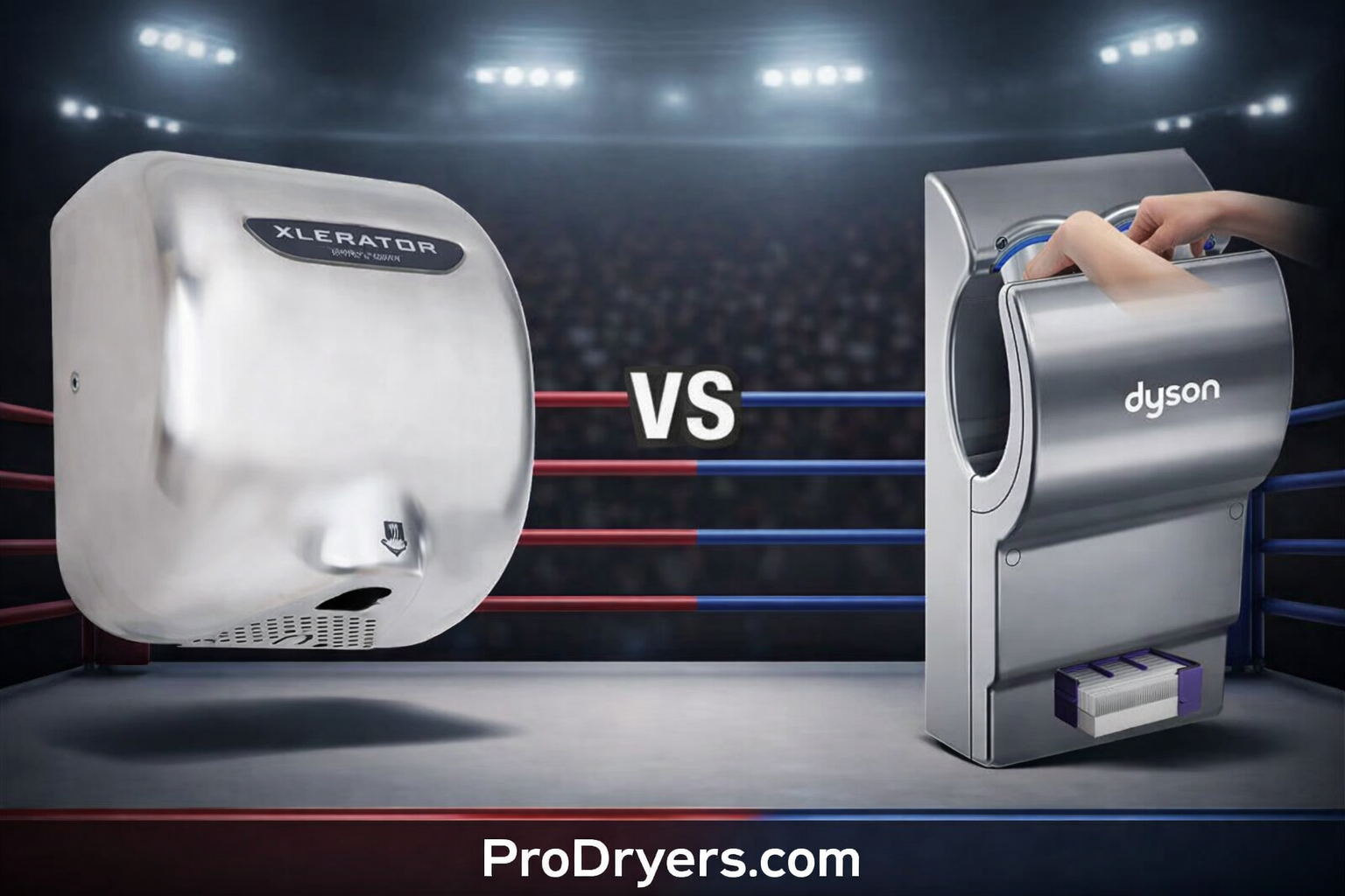 An image of the Excel Dryer XLERATOR vs. the Dyson Airblade in a Boxing Ring