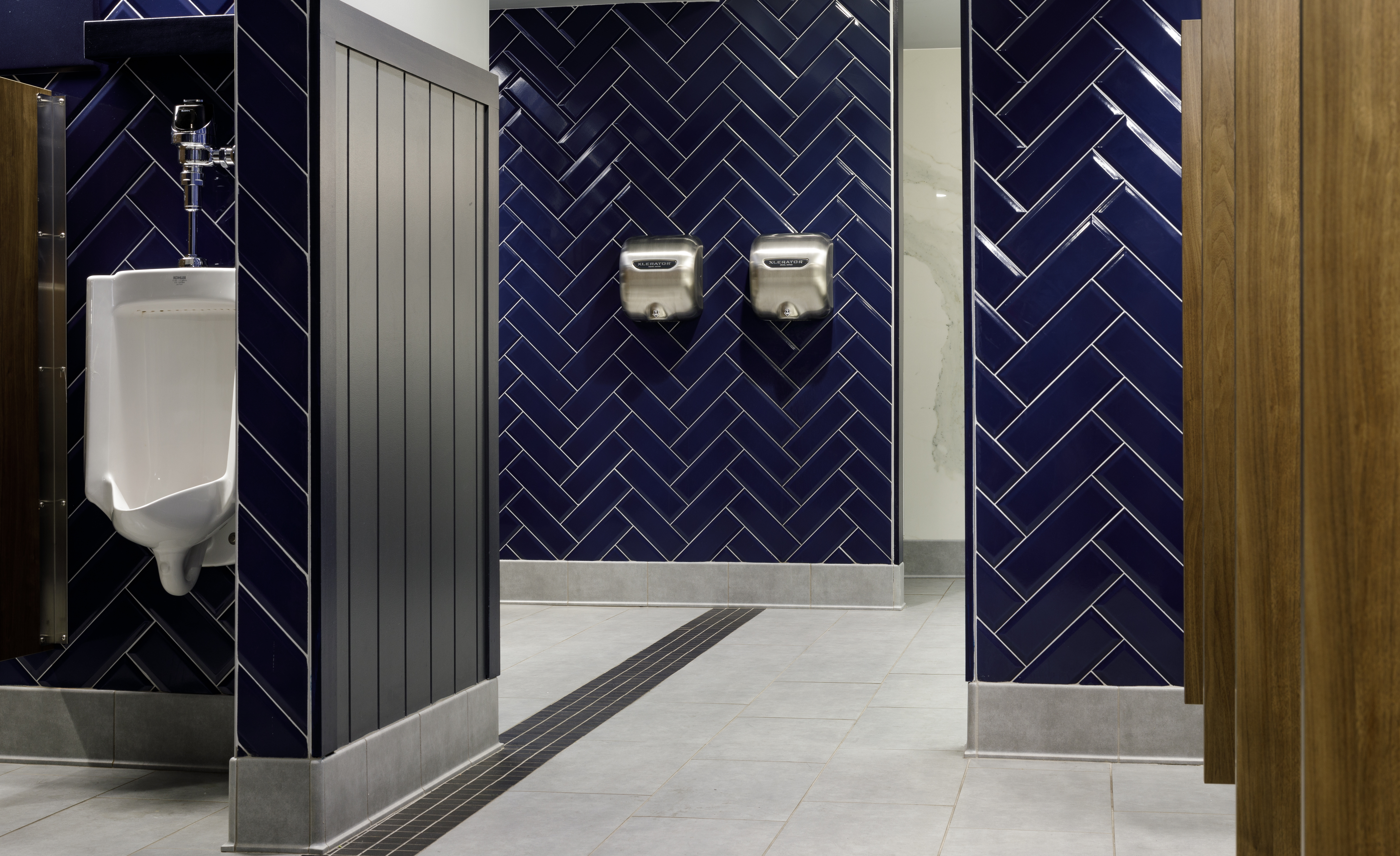 Gillette Stadium restroom with XLERATOR hand dryers