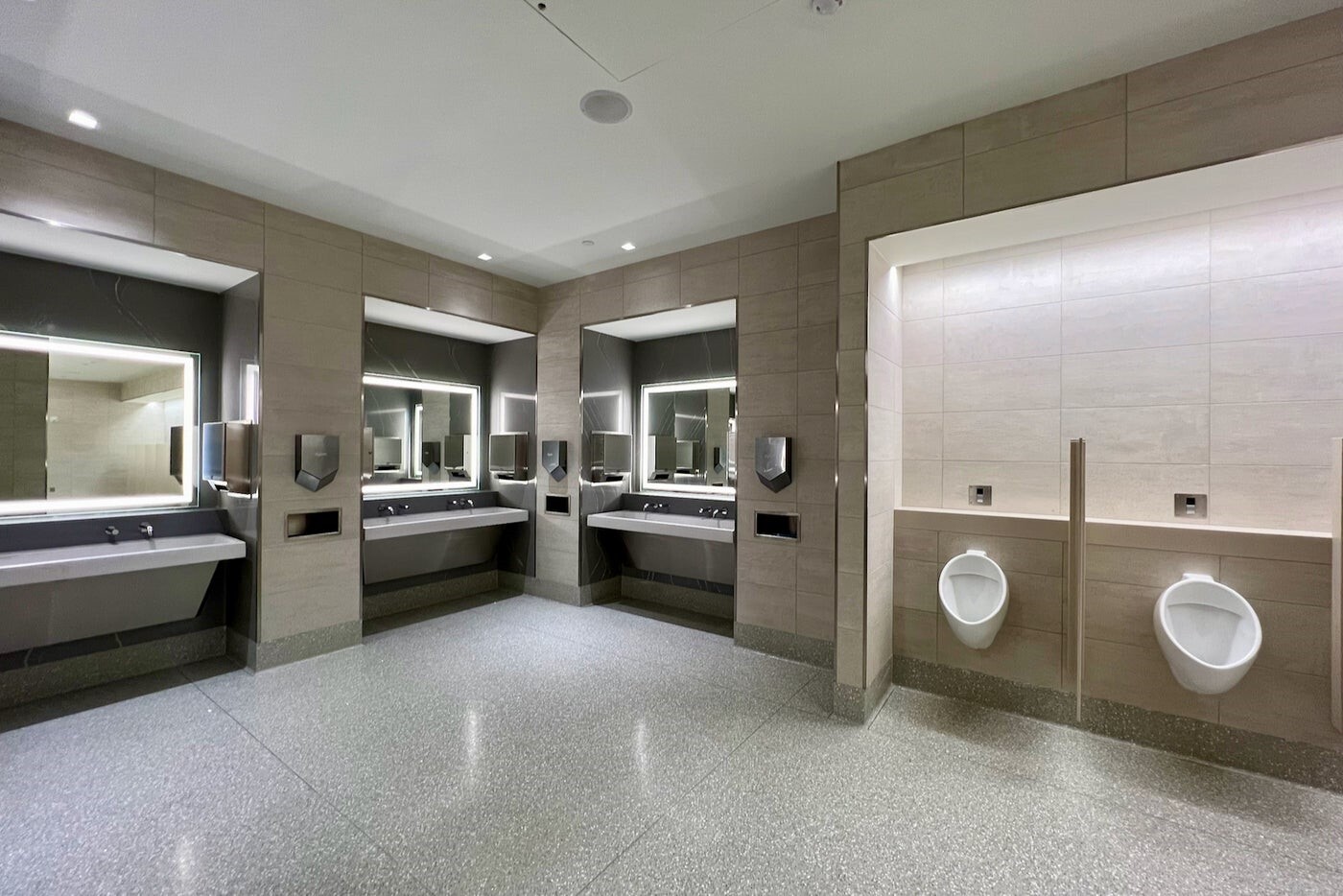 Delta Terminal commercial restroom installation image with hand dryers