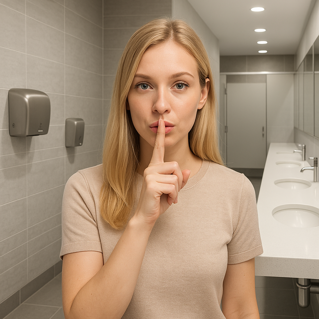 Woman in a Public Restroom Telling Us to be Quiet Woman in a Public Restroom Telling Us to be Quiet