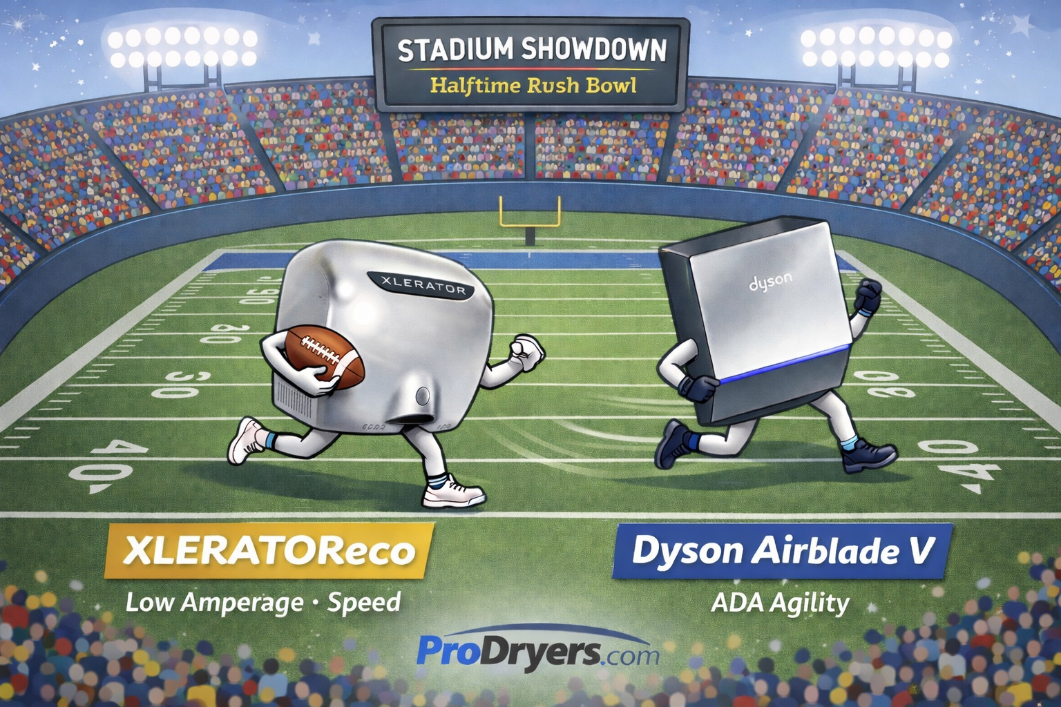 Hand Dryers Football Game in Stadium at Half Time Restroom Rush