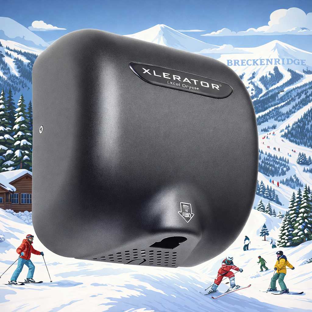 Graphite XLERATOR Hand Dryer with Breckenridge, Colorado Skiing and Snowboarding in the Background