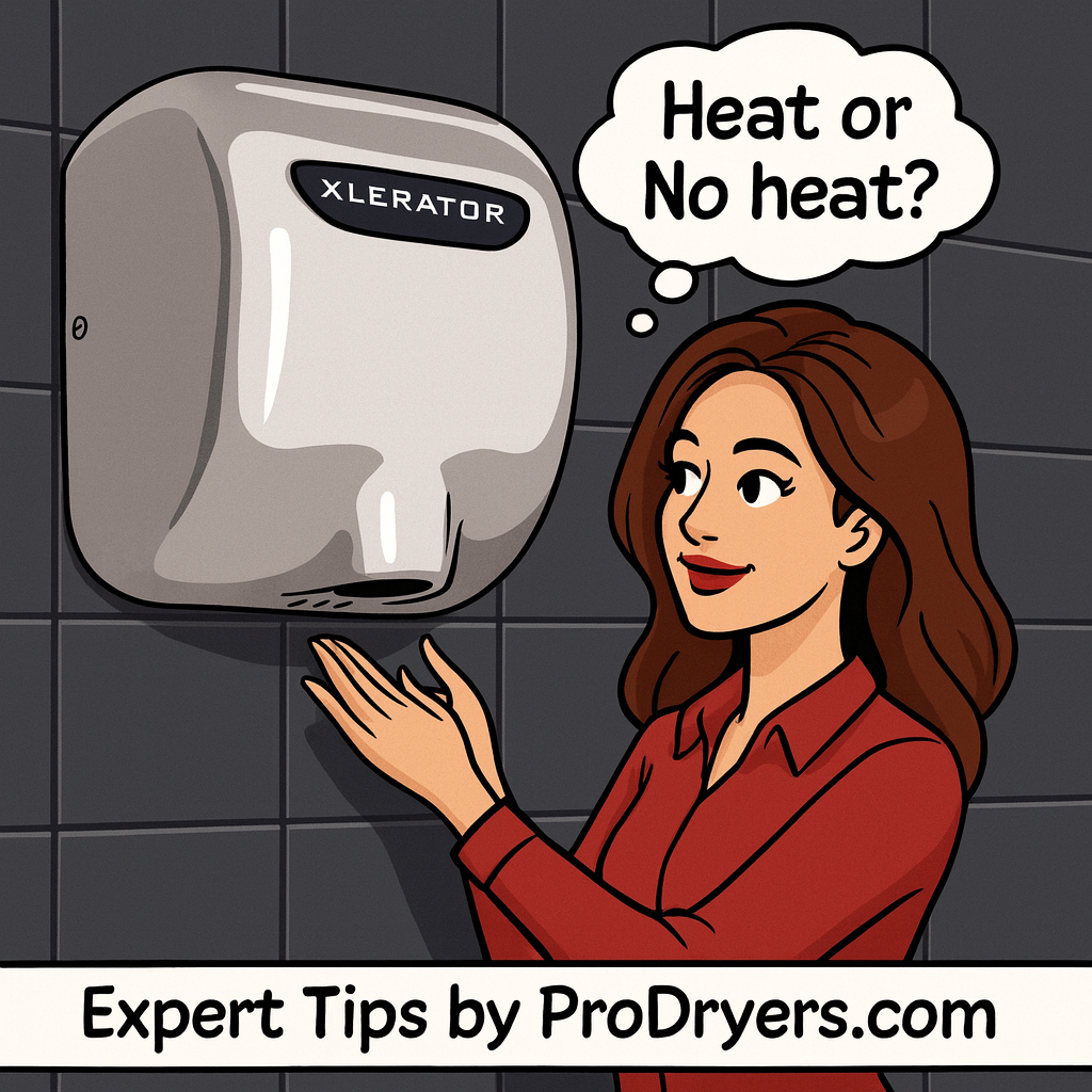 A business woman wondering if heat or no heat would be better for the XLERATOR hand dryer